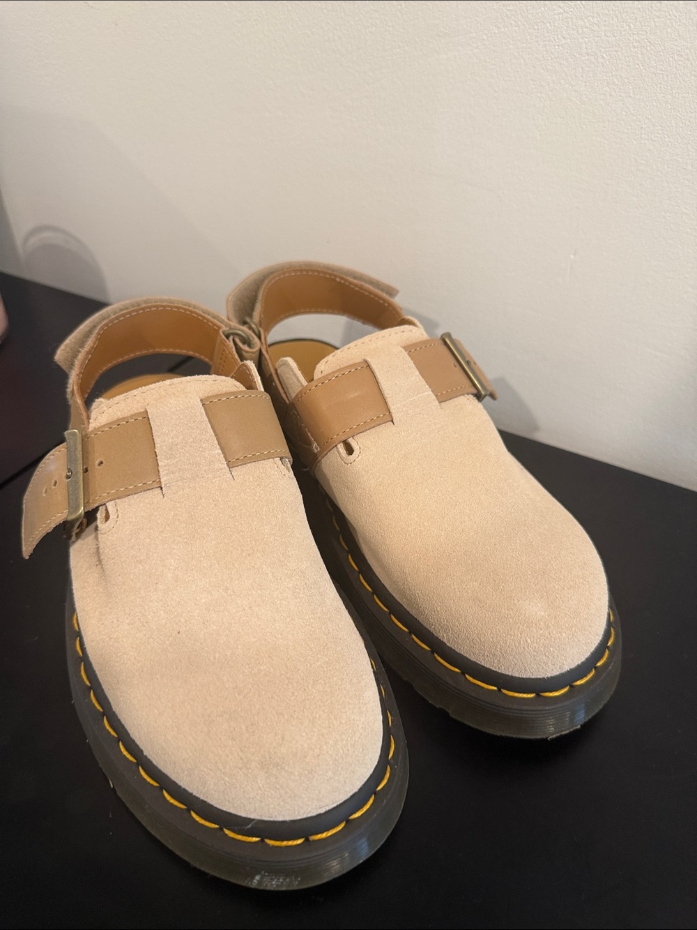 Dr. Martens  Beige Suede Buckle Sandals with Yellow Stitching